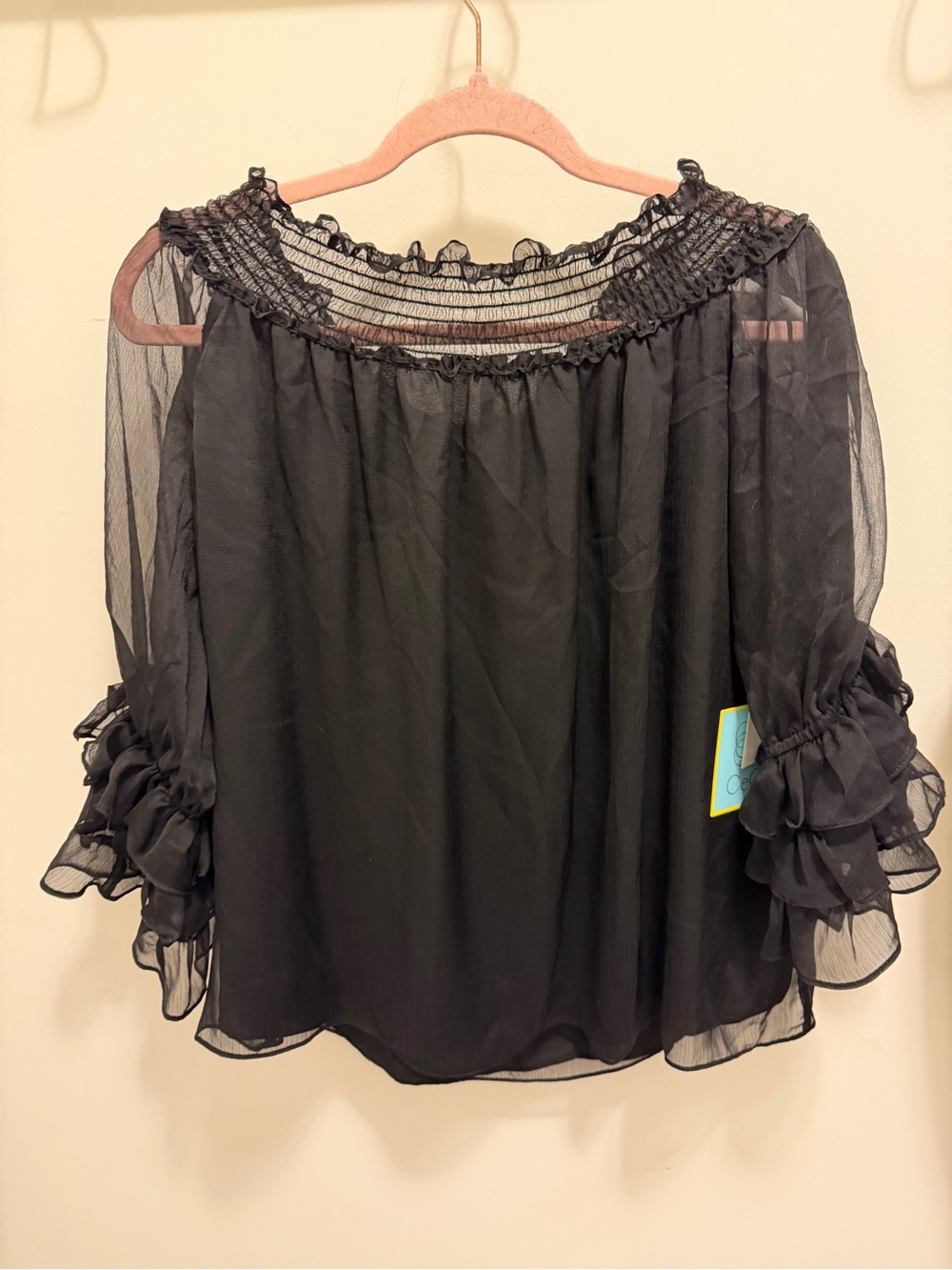 CeCe Black Off-Shoulder Sheer Ruffle Sleeve Blouse